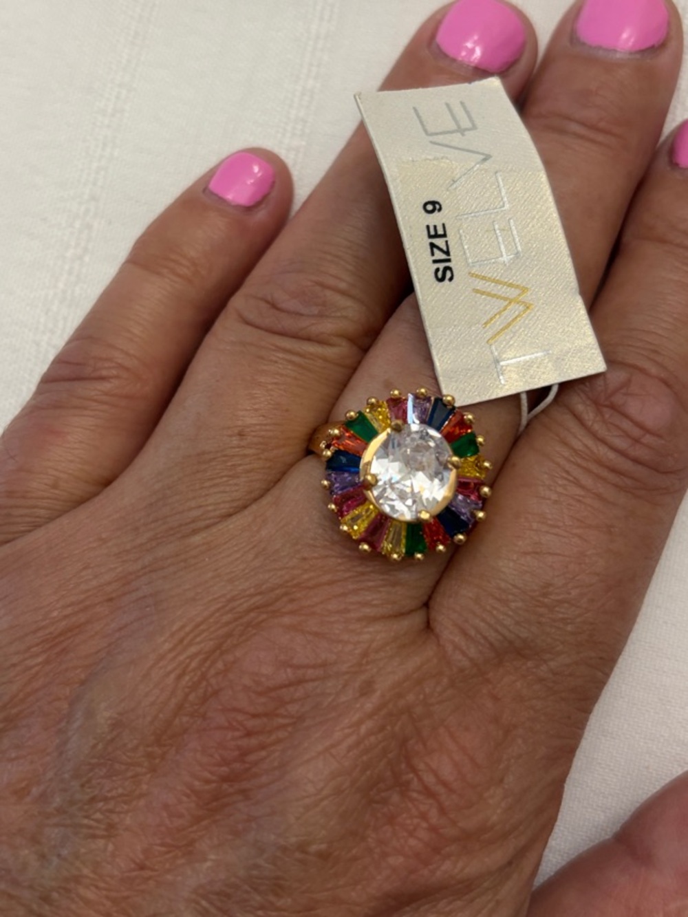 Gold Multicolor Crystal Halo Ring - Size 9